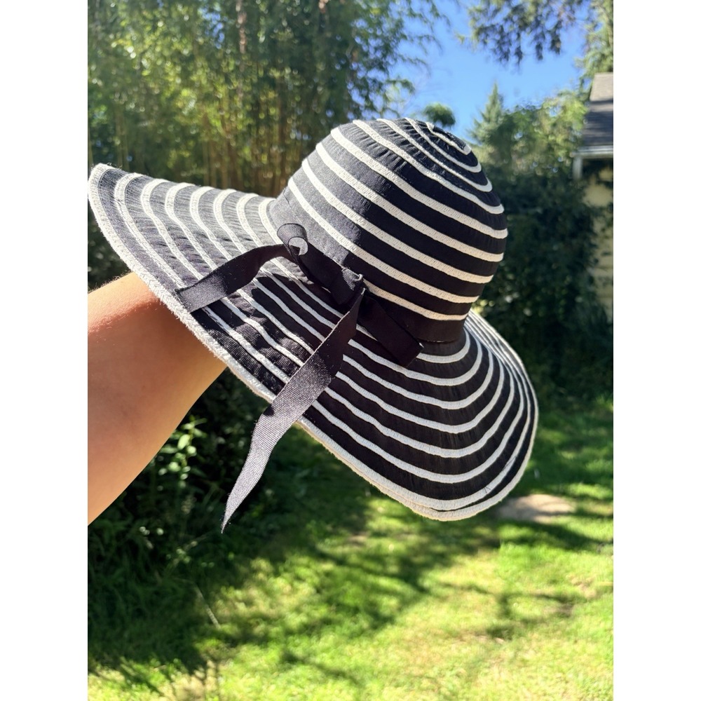 Beach Summer Sun Hat Womens Black White Striped Nautical Travel Wedding Beach